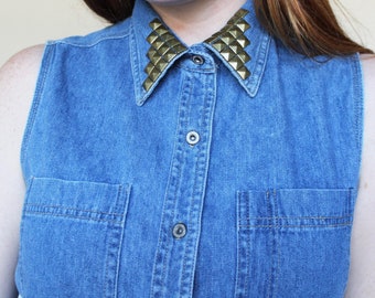 90s Denim Sleeveless Top | Studded Collar | Button Up Jean Shirt | Small/Medium