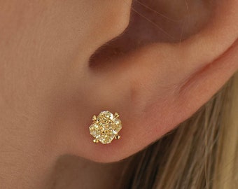 Radiant Yellow Diamond Earrings, 14K / 18K Gold Earrings, Square Diamond Studs, Yellow Earrings, Natural Yellow Diamond, Gold Studs