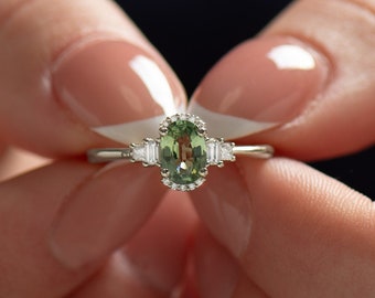 Royal Sapphire Engagement Ring, Oval Green Sapphire, 14K / 18K White Gold, Sapphire And Diamonds Ring, Light Green Sapphire, Mint Sapphire