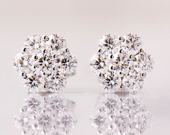 Flower Diamond Earrings, 14K / 18K Gold, Cluster Earrings, Diamond Studs, Pave Diamond Earrings, VS Diamonds, Anniversary Gift, Bridal Gift