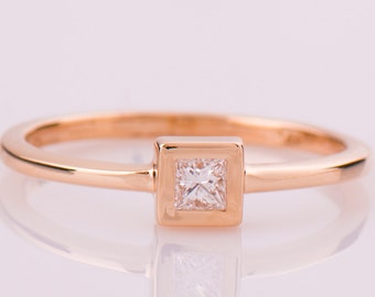 Flat Squared Bezel Ring, 14K / 18K Rose Gold Solitaire Ring, Princess Cut Engagement Ring, Square Diamond Ring, Simple Diamond Ring