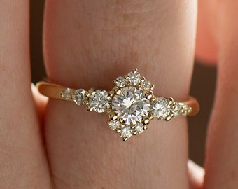 Cluster Engagement Ring, Crown Diamonds Ring, Unique Engagement Ring, 14K Yellow Gold, Art Deco Style, 18k Gold