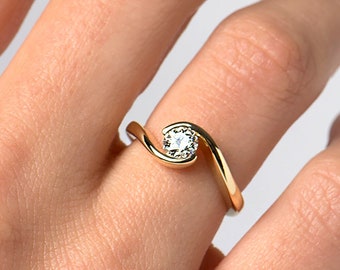 Twisted Engagement Ring, 14K Yellow Gold, Solitaire Diamond Ring, Half Bezel Ring, Delicate Ring, Yin Yang Ring, Wrap Engagement Ring