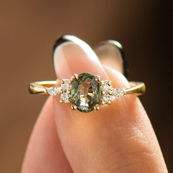 Green Sapphire Engagement Ring, 14K / 18k Yellow Gold, Light Green Sapphire, Lotus Engagement Ring, Cluster Engagement Ring, Olive Sapphire