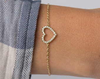 Herz Diamant Armband, 14k / 18k Gelbgold Diamant Armband, Zierliches Diamant Armband, Liebe Diamant Armband, Geschenk Gold Diamant Armband