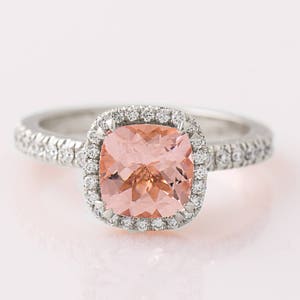 Morganite Engagement Ring, 14K / 18K White Gold, Large Cushion Cut Halo Ring, Pink Morganite Ring, Statement Ring, Anniversary Gift