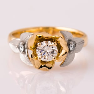 Zwei-Ton, Blume Blätter Verlobungsring, 14K / 18K Gelb & Weißgold, einzigartige Verlobungsring, Verlobungsring, Diamant-Blumenring Blatt
