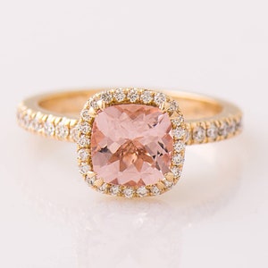 Morganite Engagement Ring, 14K / 18K Yellow Gold, Large Cushion Cut Halo Ring, Pink Morganite Ring, Statement Ring, Anniversary Gift