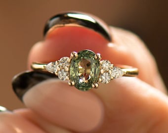 Green Sapphire Engagement Ring, 14K / 18K Yellow Gold, Cluster Ring, Light Green Sapphire, Olive Sapphire, Oval sapphire Engagement Ring