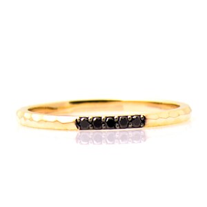 1.5 mm Hammered Textured, Black Diamonds Ring, 14K / 18K Yellow Gold, Thin Black Ring, 5 diamonds ring, Stacking Ring, Stack Wedding Band