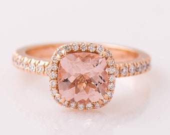 Morganite Engagement Ring, 14K / 18K Rose Gold, Large Cushion Cut Halo Ring, Pink Morganite Ring, Statement Ring, Anniversary Gift