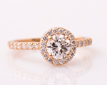 Halo Verlobungsring, 14K / 18K Roségold, Diamanten Ring, Klassischer Halo Ring, Runder Diamantring, Runder Halo Ring, Zarter Verlobungsring