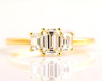 Three Stone Emerald Ring, 14K / 18K Yellow Gold, Emerald Cut Diamond Ring, Unique Three Diamond Ring, Emerald Cut Engagement Ring, 3 Stones