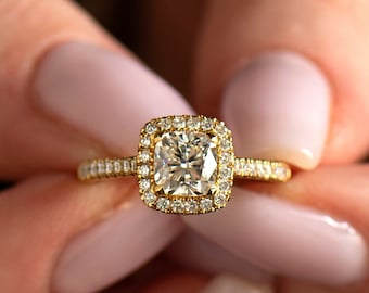Halo Kissen Diamant Ring, 14K / 18K Gelbgold, Ein Karat Verlobungsring, Halo Verlobungsring, Pave Einstellung, Kissen Verlobungsring