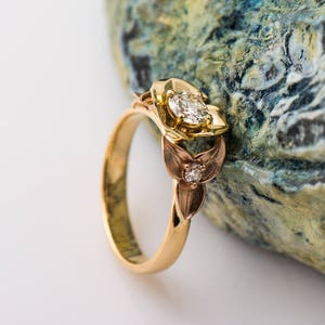 Two Tone, Rose & Yellow, Flower Leaves Engagement Ring, 14K / 18K Gold, Unique Ring, Nature Ring, Leaf Engagement Ring, Flower Diamond Ring