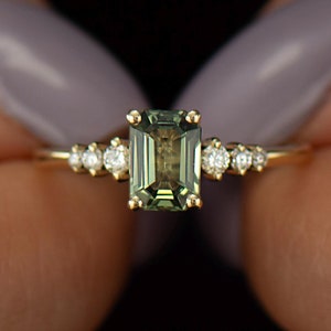 Green Sapphire Engagement Ring, 14K / 18K Yellow Gold, Light Green Sapphire, Emerald Cut Sapphire, Natural Diamonds, Mint Sapphire