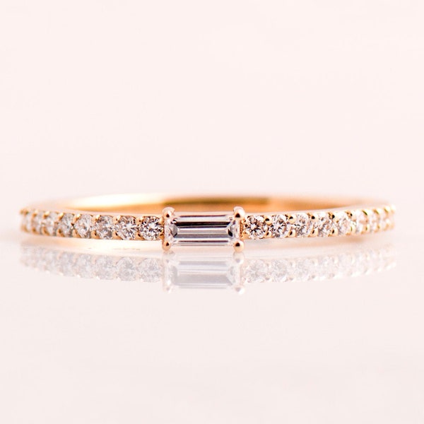 Tiny Baguette Diamond Ring, 14K / 18k Rose Gold, Wedding Diamonds Ring, Pave Wedding Ring, Stacking Ring, Thin Diamond Ring, Tiny Engagement