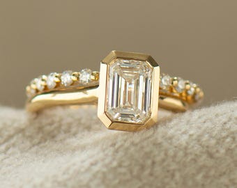 Emerald Cut Diamond Ring Set, 14K\ 18K Gold, 1.0 Carat Diamond Ring, Engagement Ring Set, Bezel Ring, Elegant Engagement Ring Set