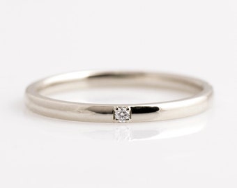 2 mm Single Diamond Ring, 14K / 18k White Gold, Smooth Wedding Ring, Diamond Wedding Band,  Stacking Ring, Dainty ring, Promise ring, Gift