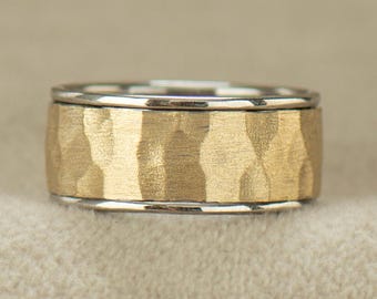 10MM Wide Hammered Men's Ring, 14K / 18K Yellow & White Gold, Two Tone, Spinner Ring, Groove Edge, Hammered Texture, Wedding Band