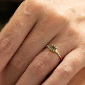 Green Sapphire Engagement Ring, 14K / 18k Rose Gold,  Light Green Sapphire, Greenish Sapphire Ring, Olive Sapphire, Round Sapphire Ring
