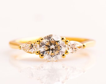 Three Stones Engagement Ring, Round and pears Diamond Ring, 14K / 18K Yellow Gold, Modern Engagement Ring, Pear Cut Three Stone Ring