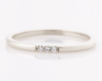 1.5 mm 3 Diamonds Ring, Three Diamonds Stack Band, 14K / 18K White Gold, Stacking Band, Tiny Diamonds Ring, Thin Wedding ring, Promise ring