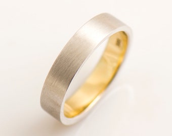 Two Tone Wedding Ring, Matte Wedding Band, 14K / 18K Yellow & White Gold, Flat Wedding Band, Mens Wedding Band, Brushed Wedding Ring