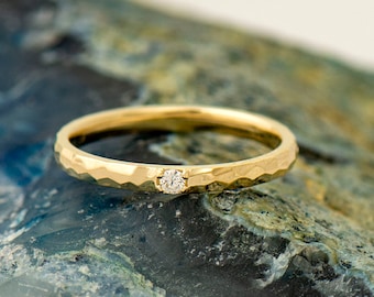 2 mm Hammered Textured Ring, Single Diamond Ring, 14K / 18k Yellow Gold, Stack Diamond Band, Tiny Diamond Ring, Wedding band, Promise Ring
