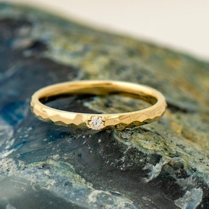 2 mm Hammered Textured Ring, Single Diamond Ring, 14K / 18K Yellow Gold, Stack Diamond Band, Tiny Diamond Ring, Wedding band, Promise Ring