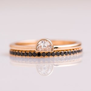 Half Moon Set, 14k / 18k Rose Gold Ring, Half Moon Engagement Ring, Moon Diamond, Half Moon Cut, Black Diamond Ring, Wedding Diamond Set