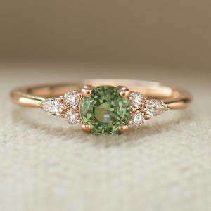 Round Green Sapphire Ring, 14K / 18K Rose Gold, Sapphire and Diamond Cluster Ring, Mint Light Green Stone, Delicate Ring