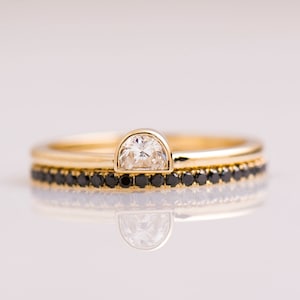 Half Moon Set, 14k / 18k Yellow Gold Ring, Half Moon Engagement Ring, Moon Diamond, Half Moon Cut, Black Diamond Ring, Wedding Diamond Set