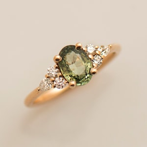 Green Sapphire Engagement Ring, 14K / 18K Rose Gold, Cluster Ring, Light Green Sapphire, Olive Sapphire, Oval sapphire Engagement Ring