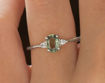Olive Sapphire Ring, 14K / 18k White Gold, Green Sapphire Engagement Ring, Light Green Sapphire, Greenish Sapphire Ring, Teal Sapphire Ring