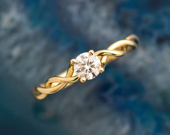 Braided Engagement Ring, 14K / 18K Yellow Gold, Solitaire Engagement Ring, Minimalist Ring, Dainty Ring