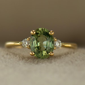Large Green Sapphire Engagement Ring, 14K / 18K Yellow Gold, Oval Three Stone Ring, Natural Green Sapphire And Diamonds, Mint Sapphire