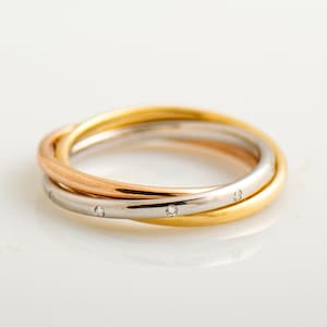 Three Tone Ring, 14K / 18K Gold, Diamonds Band, Evenly Spaced Diamonds, Wedding Ring, Tri Color Ring, Stackable Ring, Anniversary Ring
