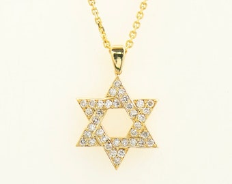 May include: A gold chain necklace with a diamond-encrusted Star of David pendant.