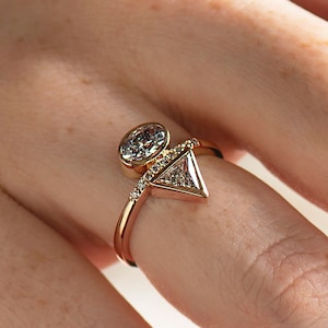 Salt And Pepper Diamond Ring, 14k Rose Gold, Unique Engagement Ring, Double Diamond Ring, Toi Et Moi, Triangle & Oval Ring, 18K Gold