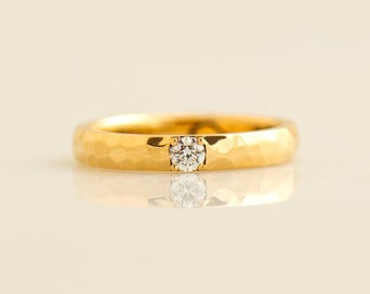 3 mm Hammered Textured Ring, Diamond Wedding Ring, 14K / 18K Yellow Gold, Stack Ring, Rough Gold Ring, Simple Wedding Ring, Natural, Single
