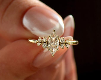 Bloom Cluster Marquise Ring, 14K / 18K Yellow Gold, Marquise Diamond Ring, Petal Engagement Ring, Natural Diamonds, Leaves Diamonds Ring