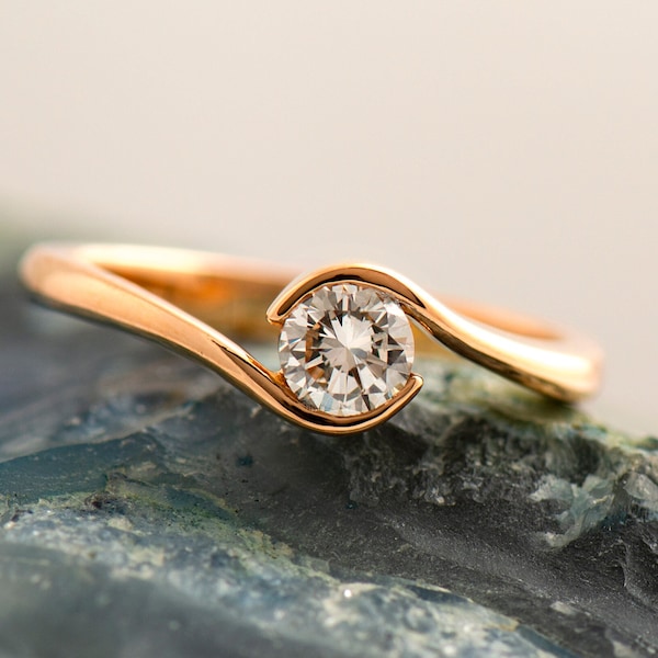 Twisted Engagement Ring, 14K Rose Gold, Solitaire Diamond Ring, Half Bezel Ring, Delicate Ring, Yin Yang Ring, Wrap Engagement Ring