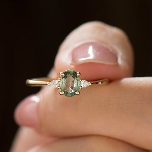 Green Sapphire Engagement Ring, 14K / 18k Yellow Gold,  Light Green Sapphire, Greenish Sapphire Ring, Olive Sapphire, Teal Sapphire Ring