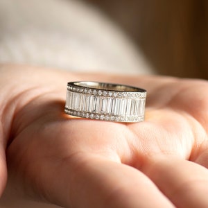 Elongated Baguette Diamonds Ring, 14K / 18K White Gold, Half Eternity Ring, Wide Diamonds Ring, Unique Eternity Band, Anniversary Ring