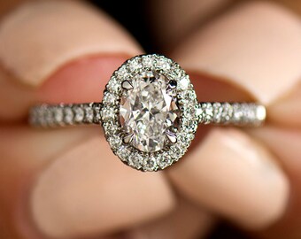Halo Engagement Ring, 14K / 18K White Gold, Diamonds Ring, Classic Halo Ring, Oval Diamond Ring, Oval Halo Ring, Delicate Engagement Ring