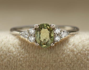 Green Sapphire Engagement Ring, 14K / 18K White Gold, Cluster Ring, Light Green Sapphire, Olive Sapphire, Oval sapphire Engagement Ring