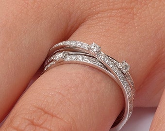 Obrączka z diamentami, 14K \ 18K złoto, obrączka wieczności, pierścionek z skrzyżowaniem, pierścionek z wieloma rzędami, pierścionek rocznicowy, pierścionek z wysadzaniem brukiem, obrączka ślubna z diamentami, pierścionek z skrzyżowaniem