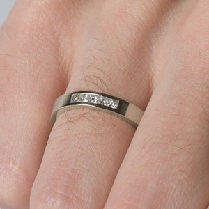 Channel Diamonds Ring, Men&#39;s Wedding Ring, 14K / 18K White Gold ,Princess Diamond Ring, Delicate Men&#39;s Ring, Square Diamonds , Unisex band