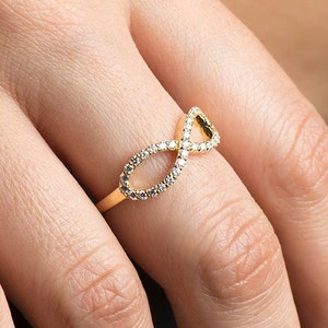 Infinity Diamonds Ring, 14K / 18K Yellow Gold, Anniversary Ring, Wedding Ring, Diamonds Stacking Ring, Infinity Knot Ring, Engagement Band